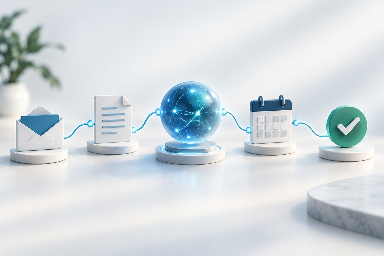 Connected email, document, calendar and checkmark symbols surrounding an AI node to illustrate business workflow automation.